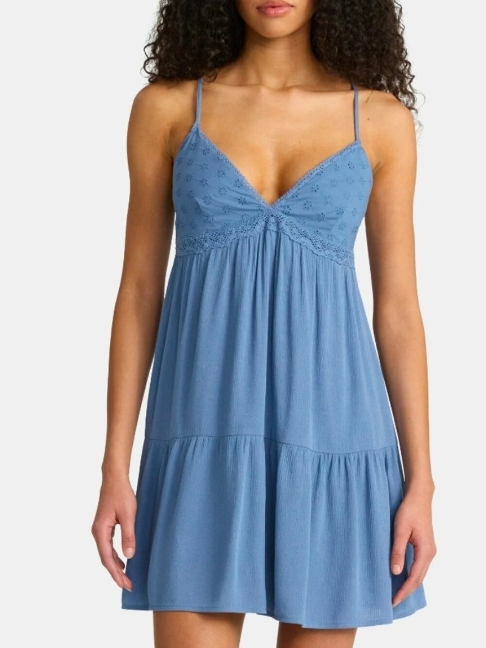 No Boundaries Woven Eyelet Mini Dress with Crochet Trim ,Blue moonlight color.